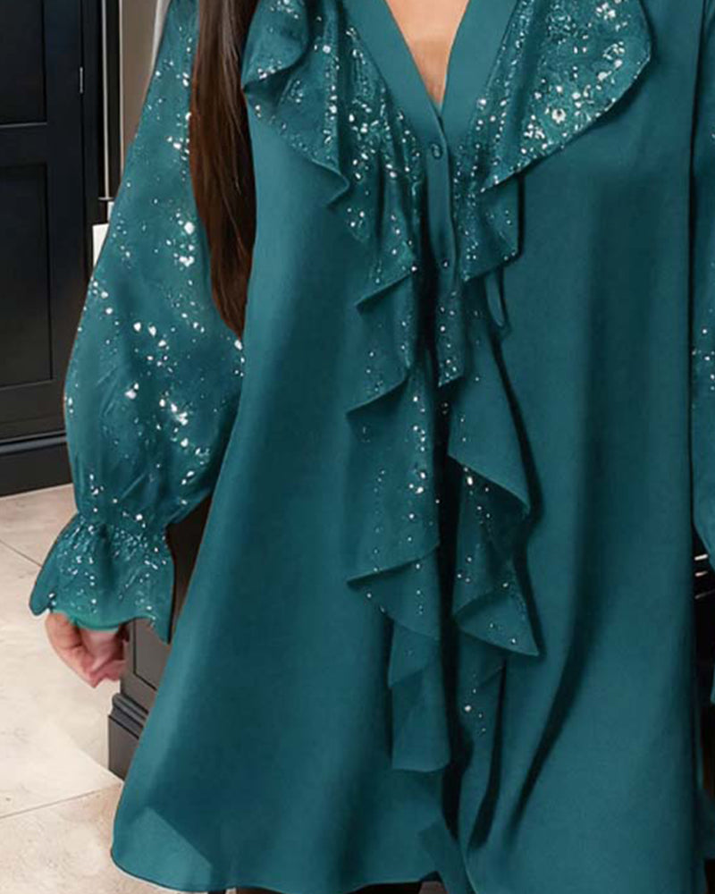 Loose Plain Blouses with Ruffles