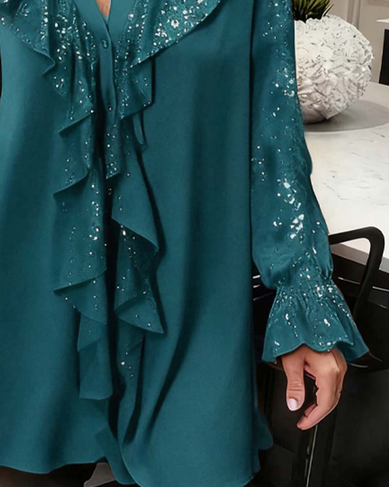 Loose Plain Blouses with Ruffles