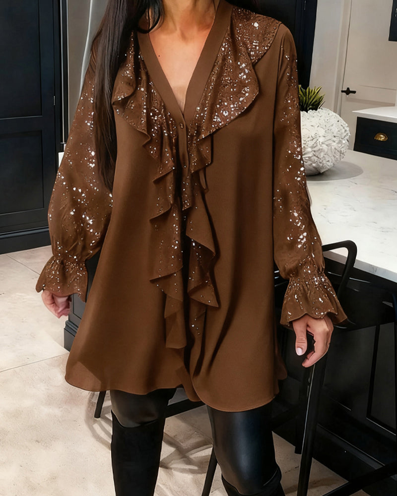 Loose Plain Blouses with Ruffles