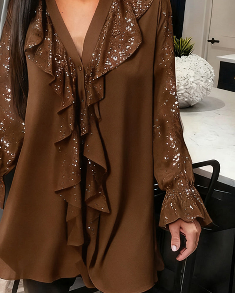 Loose Plain Blouses with Ruffles