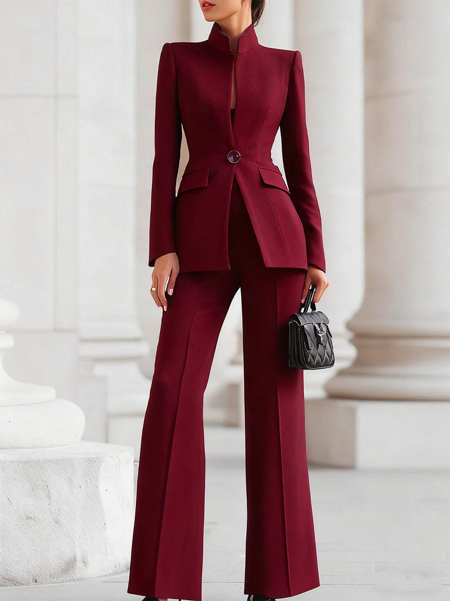 Sophisticated High-Collar Blazer & Wide-Leg Trousers Set