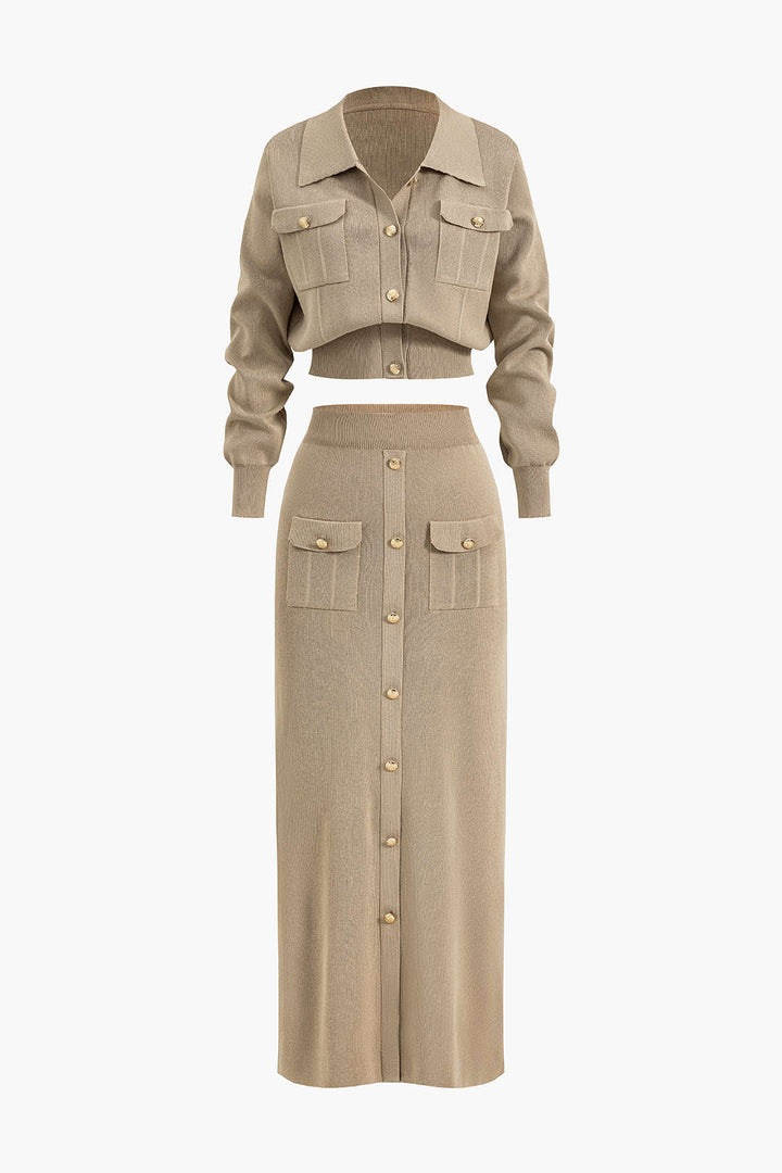 Maison Salvara | Cropped Button-Up Knit Top And Maxi Skirt Set