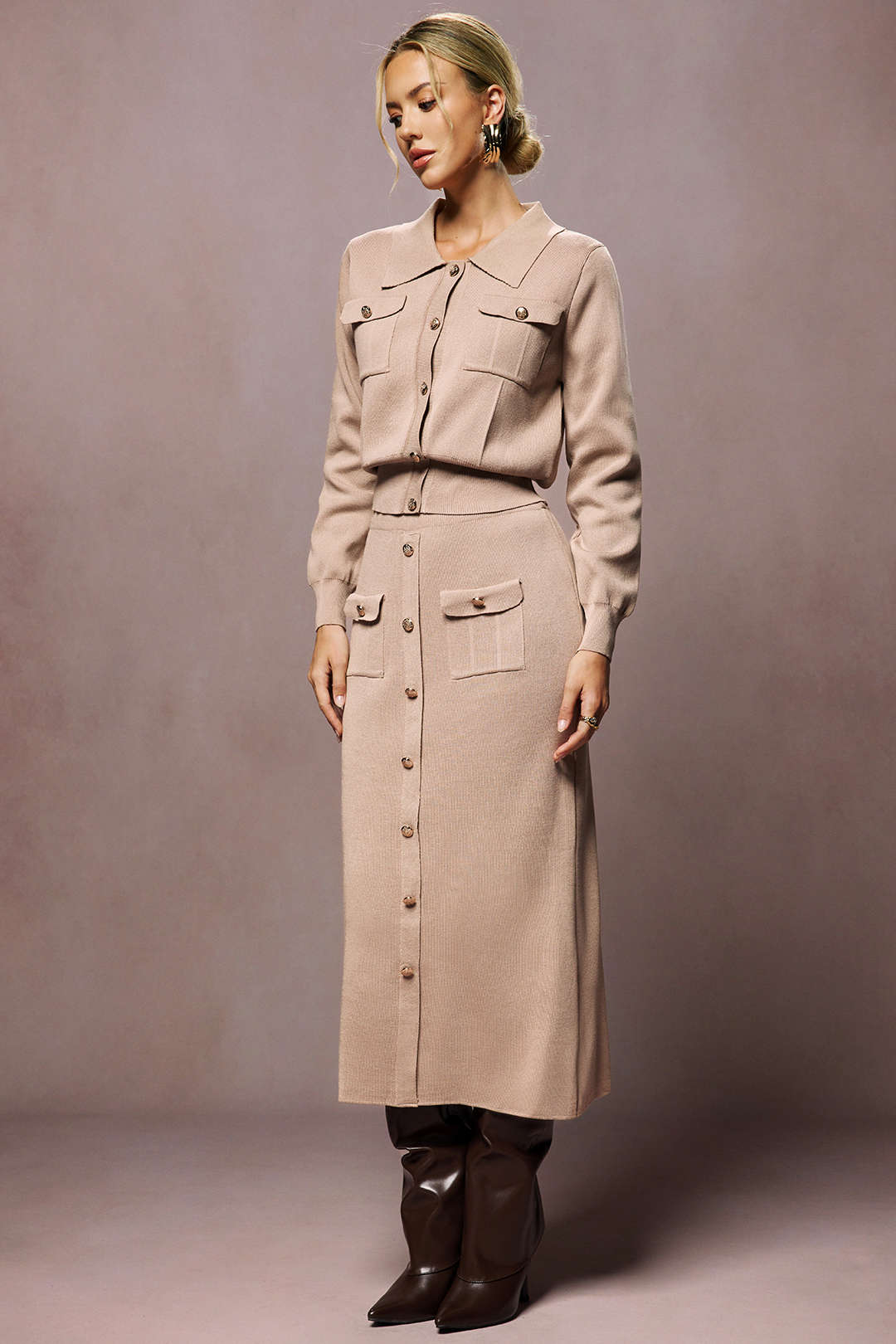 Maison Salvara | Cropped Button-Up Knit Top And Maxi Skirt Set