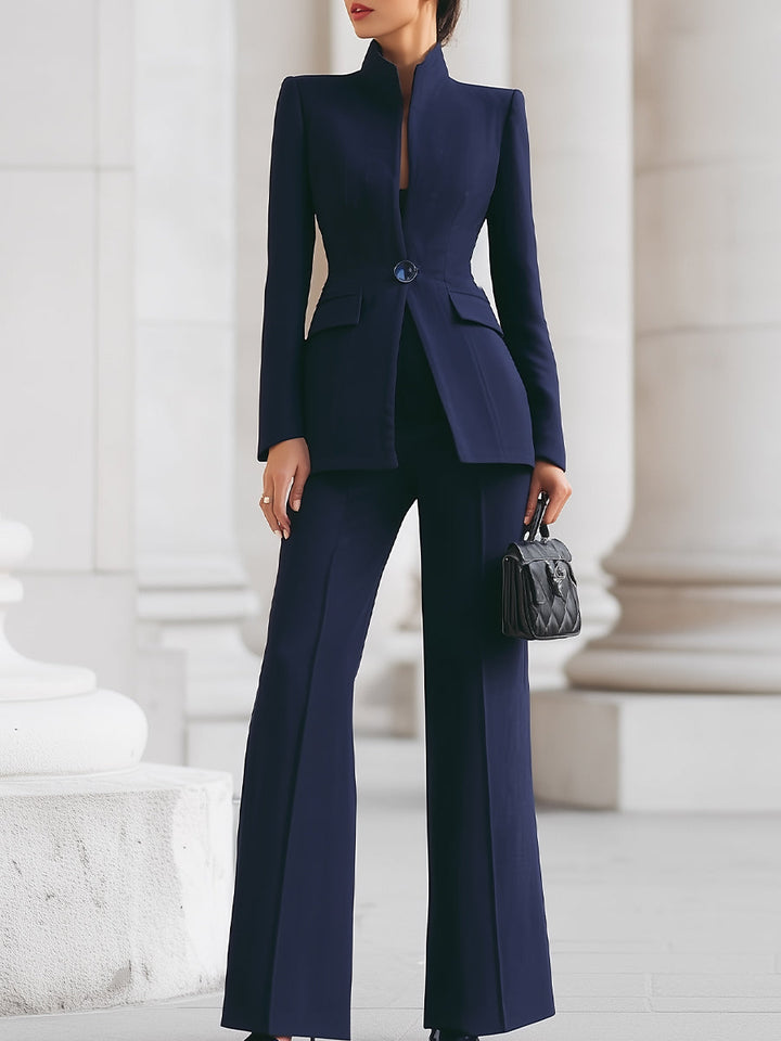 Sophisticated High-Collar Blazer & Wide-Leg Trousers Set