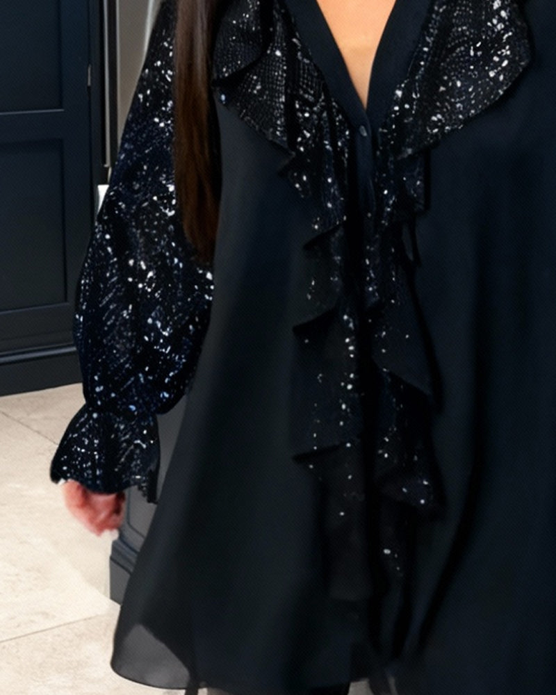 Loose Plain Blouses with Ruffles