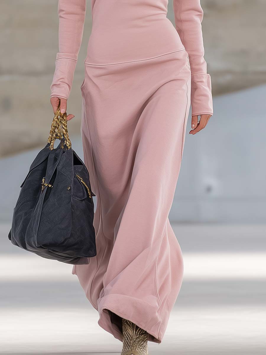 Elegant Retro Sporty V-neck Front Zipper Long-sleeved Pink Maxi Dress