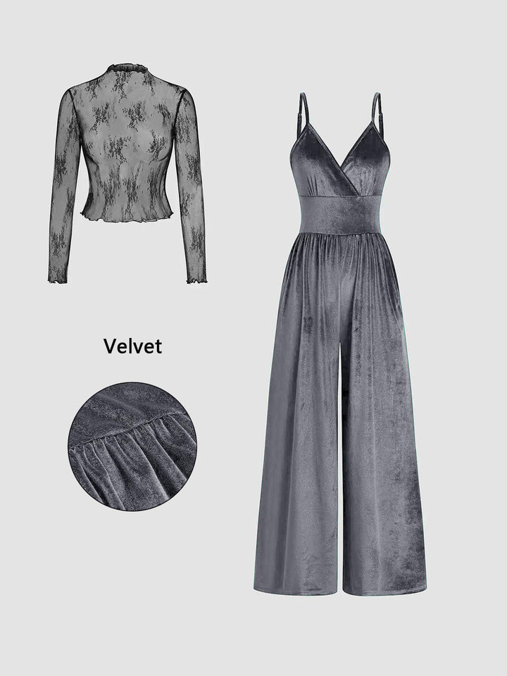 MARYAM™ - Solid Color Lace Tee & Pocket Jumpsuit Set for Spring & Fall