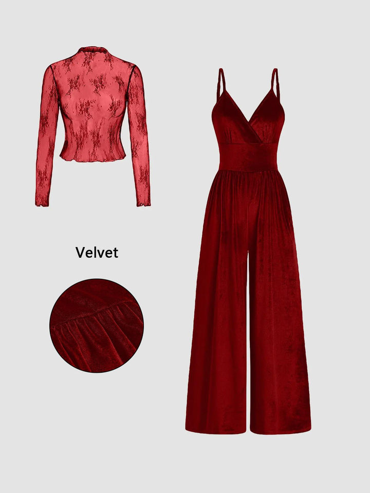 MARYAM™ - Solid Color Lace Tee & Pocket Jumpsuit Set for Spring & Fall