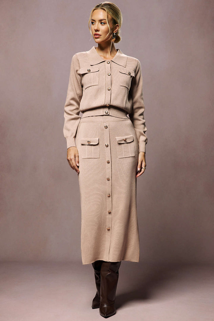 Maison Salvara | Cropped Button-Up Knit Top And Maxi Skirt Set